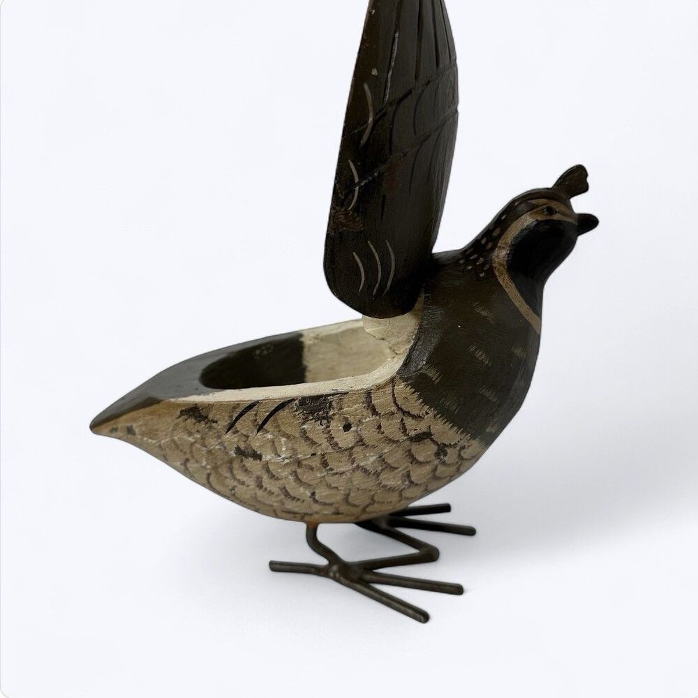 Palecek Quail Hinged Hidden Box Carved Hand Painted Folk Art Metal Legs Rustic